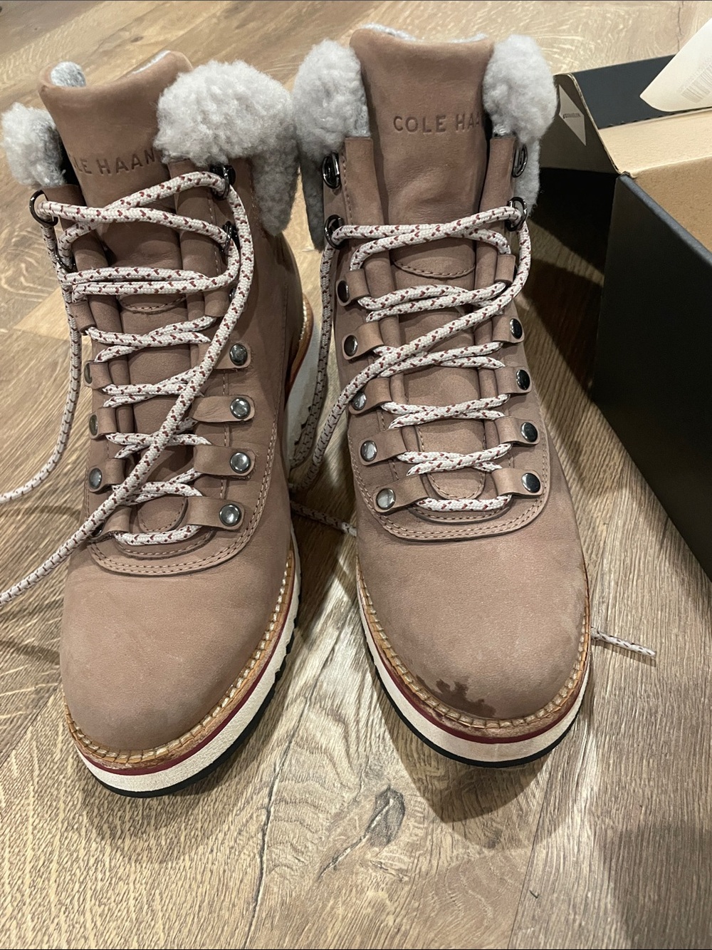 Cole Haan Taupe Lace-Up Shearling Collar Hiker Boots